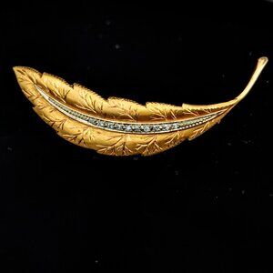 Vintage Diamonds 14k Yellow White Gold Leaf Brooch Pin Retro Mid Century Gift